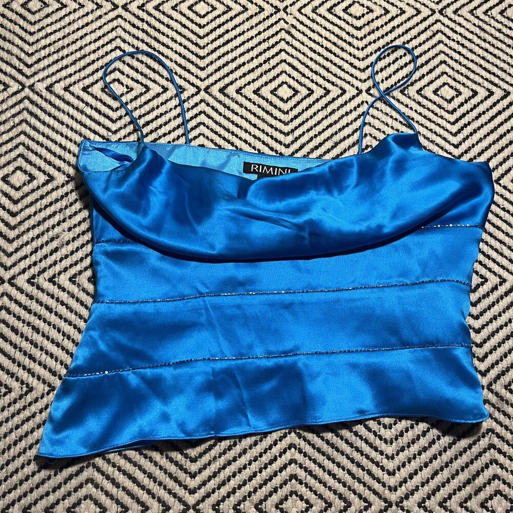 Vintage Y2K Bratz Blue Tank Top Cami 8 Lace Beaded Festival Silk asymmetric